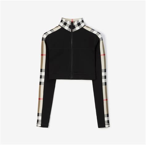 Cropped Check Trim Stretch Jersey Zip Top in Black